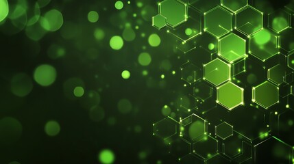 Abstract green technology background with a hexagonal pattern and bokeh lights.
