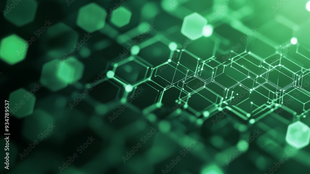 Wall mural abstract green technology background with a hexagonal pattern and bokeh lights.