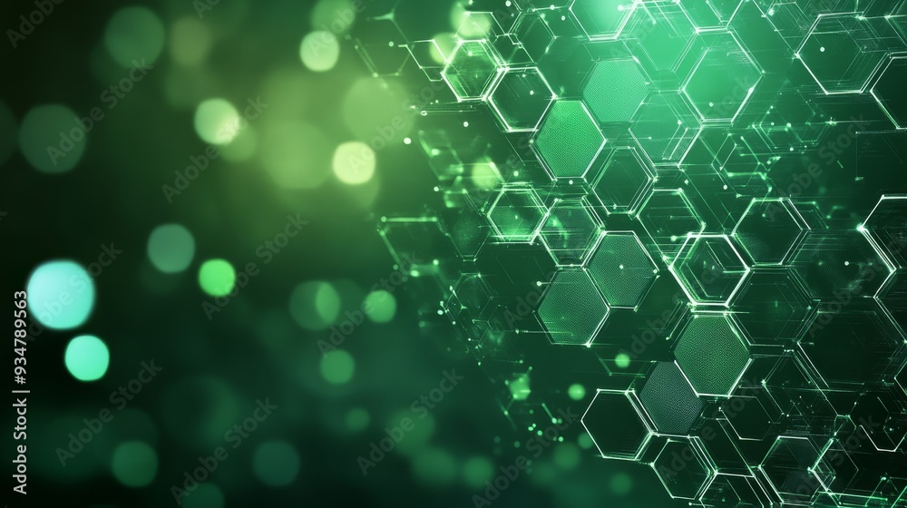 Wall mural abstract green technology background with a hexagonal pattern and bokeh lights.