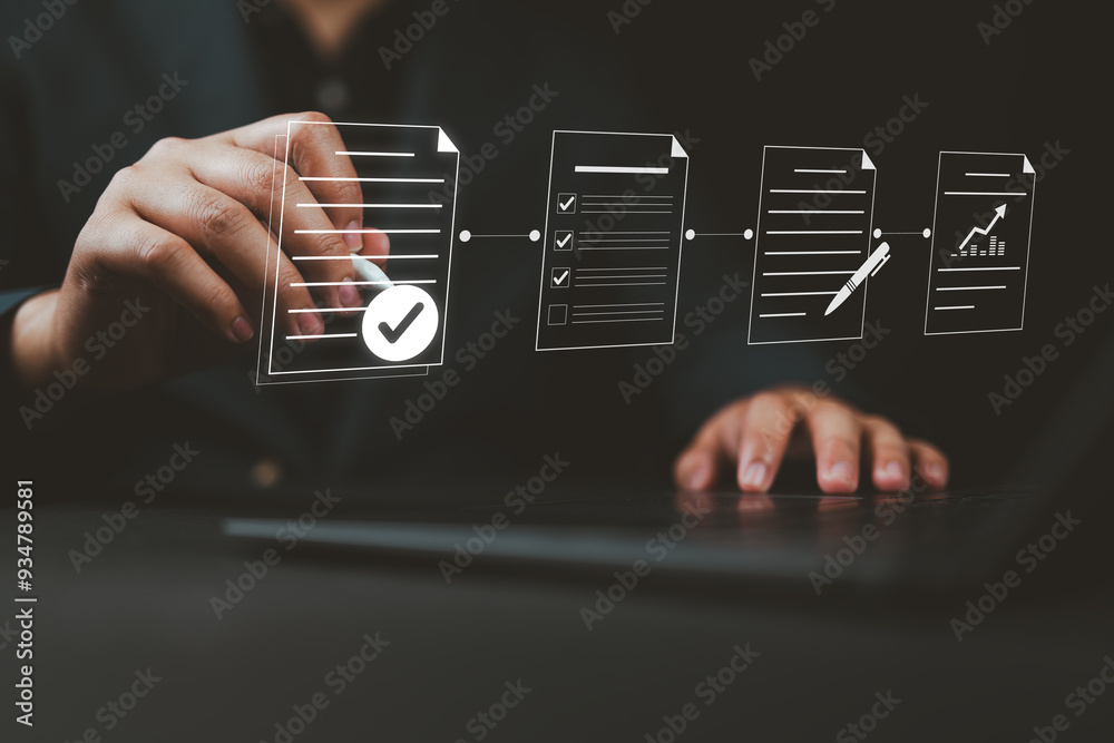 Aufkleber Document Review and Quality Control Process. businessman using laptop, document review and quality control process with digital icons checklist verification, approval, and performance tracking. QC,ISO