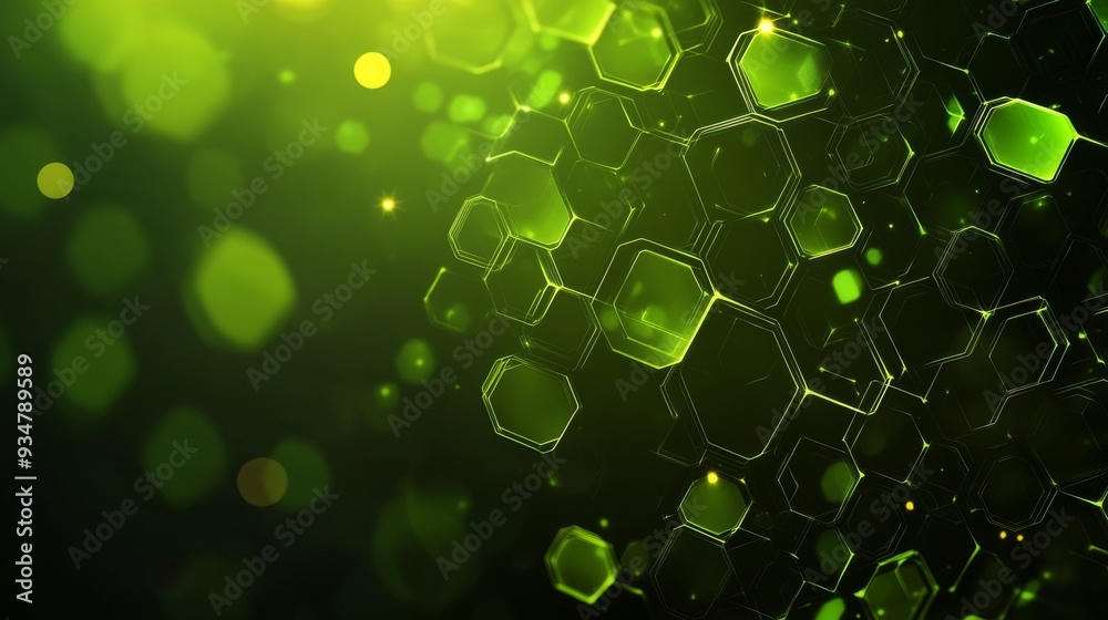 Wall mural abstract green technology background with a hexagonal pattern and bokeh lights.