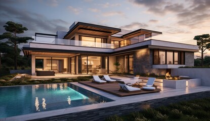 Twilight Reflections A Poolside Villa Bathed in Bronze and Indigo Hues