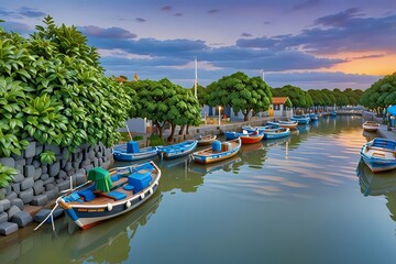 Obraz premium the life of fishermen with traditional boats on the coast of cities in the Indonesian archipelago