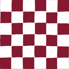 Seamless repeating pattern with hand drawn checkerboard in burgundy red and white. Christmas red checker, old money quiet luxury background.