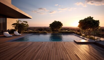 Fototapeta premium Vista of Tranquil Luxury An Outdoor Poolside Escape Framed by Grand Design