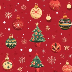 Christmas pattern with a Christmas tree toy, ornaments, and snowflakes on a red background.