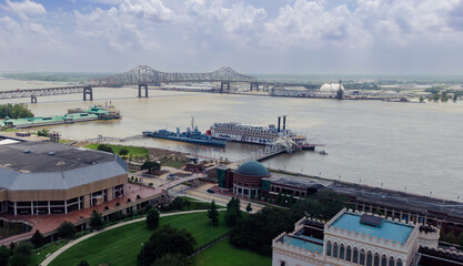 USS Kidd warship and downtown and the Mississippi River, Baton Rouge, Louisiana, USA.