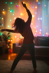 Fototapeta premium A person dancing alone in their living room, surrounded by soft, colorful lights, expressing pure happiness