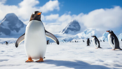 Obraz premium Group of penguins on a snowy, icy landscape with mountains in the background