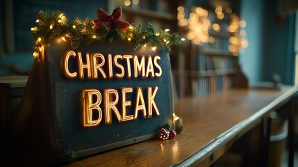 A sign that reads “CHRISTMAS BREAK” in a classroom - vacation - holiday - decorations nearby 