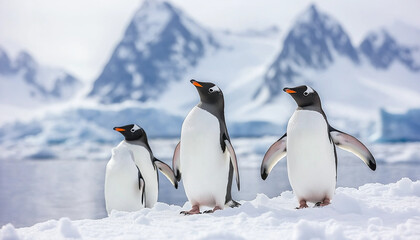 Fototapeta premium Three penguins on a snowy, icy landscape