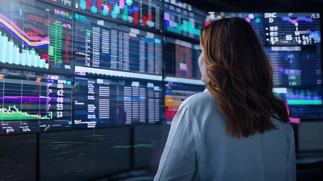A professional examining financial data on multiple screens, showcasing charts and graphs for stock market analysis.