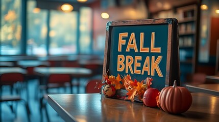 A sign that reads “FALL BREAK” in a classroom - vacation - holiday - fall autumn decorations nearby 