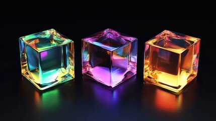 Three Colorful Glass Cubes on Black Background
