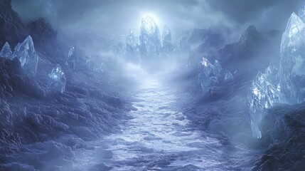 Crystalized dreams forming a pathway through a foggy, mystical landscape, leading to an unknown destination.