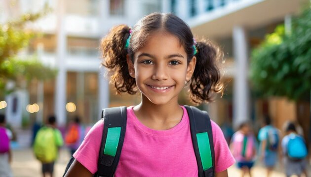 menina morena aluna garota estudante de camiseta rosa sorridente segurando livros na escola
