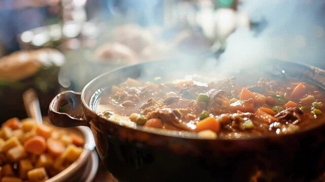 Steaming pot of delicious food served at cozy christmas party, perfect for warming up on cold winter night with friends and family