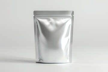 A Single Silver Foil Stand-Up Pouch On A White Background