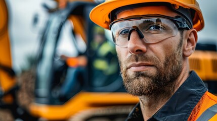 Construction worker in a hard hat and safety glasses operating a backhoe, with a construction site and equipment in the background