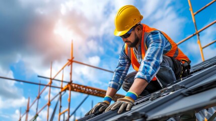 Construction worker installing and securing roofing tiles on a new building, with a detailed view of the task and the construction sites progress with scaffolding and tools in the background