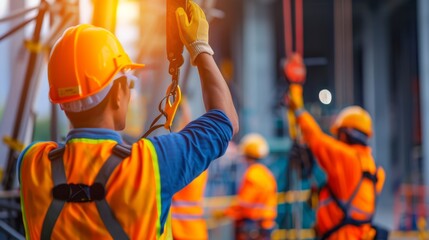 Construction worker lifting heavy materials using a crane, demonstrating the scale and complexity of the construction project with a focus on safety gear and machinery in the background