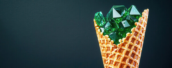 Waffle cone embedded with emerald shards, jewel-like crunch, fan