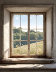 Empty windowsill and old window illuminated by sunlight