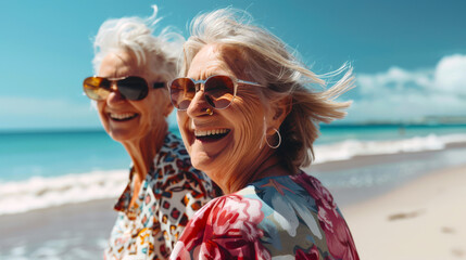 A couple of elderly lesbians are relaxing by the sea. Two happy gray-haired women in sunglasses are smiling on the beach. They enjoy spending time together