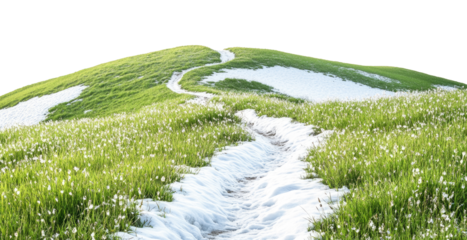 Green meadow covered with snow isolated on transparent background