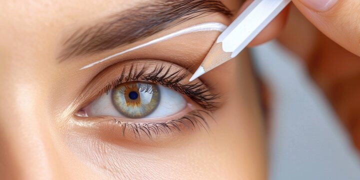 Beautician Designing Eyebrows Using White Pencil Before Permanent Makeup Procedure in Salon, Detailing Brow and Forehead Area for PMU Treatment Close-Up
