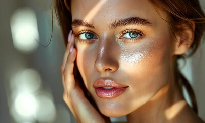 Sun-Kissed Beauty: A portrait of a young woman with captivating blue eyes, bathed in warm sunlight, radiating natural beauty and a healthy glow. 
