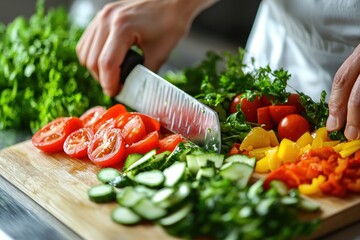Close-up image of a person preparing a meal with fresh vegetables, focusing on the chopping board. The high-resolution image is isolated on a white background with ample copy space, promoting the
