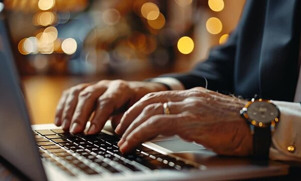 Experienced Hands, Digital Expertise: A close-up of a businessman's hands, weathered with age, deftly navigating a laptop keyboard, showcasing seasoned experience and technological proficiency.  