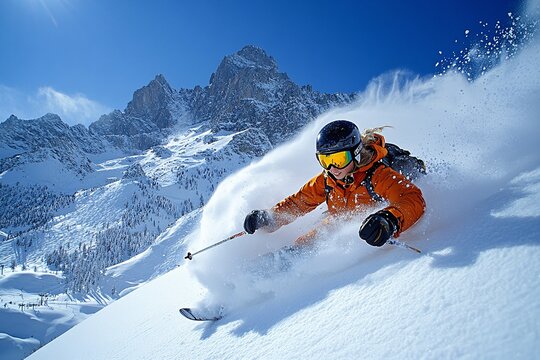 Group of skiers racing down a snowy mountain slope in winter