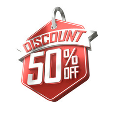 3d sales red and white discount price tag for composition 50 percent, amazing for product promotion