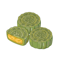 Matcha mooncake with bean paste on plate. Whole and half cut mooncake on white background. Mid Autumn Festival cake, traditional food for celebration. Authentic Asian cuisine vector illustration.  