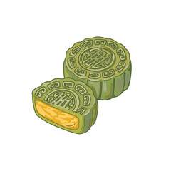 Matcha mooncake with bean paste on plate. Whole and half cut mooncake on white background. Mid Autumn Festival cake, traditional food for celebration. Authentic Asian cuisine vector illustration.  