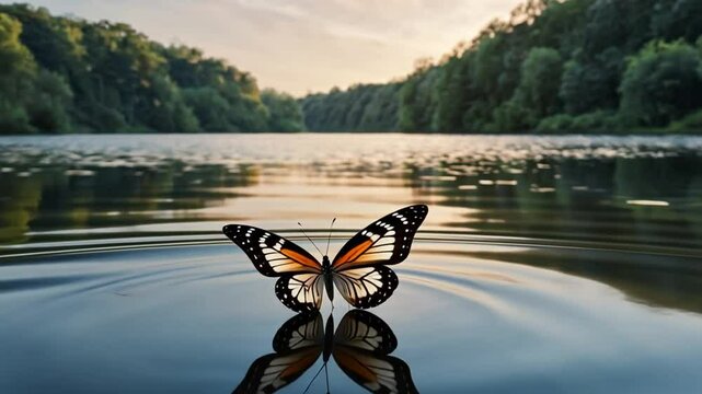 A butterfly with pastel wings flies over a calm river reflecting a light pastel sky, creating a tranquil and serene natural scene.