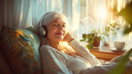 A joyful senior woman in cozy pajamas enjoys calming music and tea in her beautifully decorated bedroom.