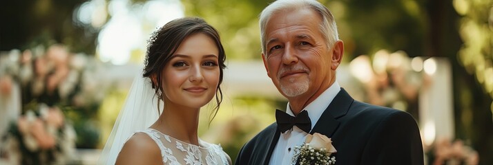 A wedding day scene at an outdoor altar with attractive young bride and older groom