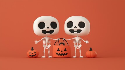 Cute cartoon skeletons celebrating Halloween with pumpkins and a trick-or-treat bucket on a vibrant orange background.