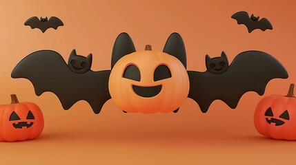 Fototapeta premium Whimsical Halloween scene featuring a smiling pumpkin and playful bats set against a vibrant orange background.
