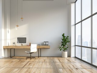 Minimalist White Office with City View and Wooden Desk