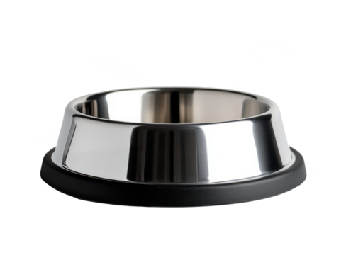 Closeup of shiny silver empty round metal dog cat food or water bowl object isolated on transparent background.