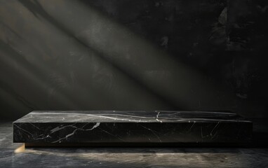 Black Marble Platform with Sunbeams on a Dark Background