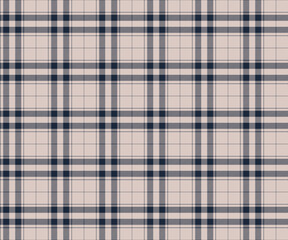 Plaid pattern, navy blue, cream, seamless for textiles and designing clothing, skirts, pants, aprons, tablecloths, blankets or decorative fabrics. Vector illustration.