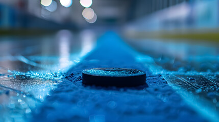 A blue line on a hockey rink with a puck.