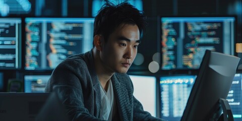 Freelance developer in Asia reviewing and assembling HTML code on a computer screen focused on interface creation, while a programming engineer operates a terminal window with data from a firewall