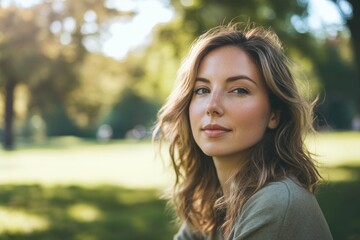 Naklejka premium A candid portrait of a White woman in her early 30s, with natural makeup and a casual outfit, sitting in a sunny, open park 