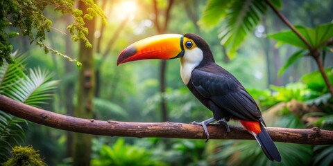 Obraz premium Toucan perched on branch in lush animal park with green trees